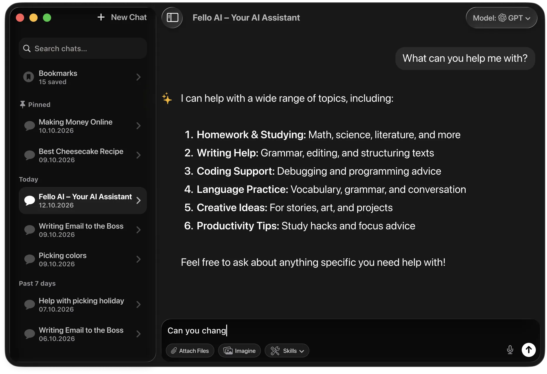 Fello AI en macOS con el selector de modelos abierto, mostrando 9 modelos de IA