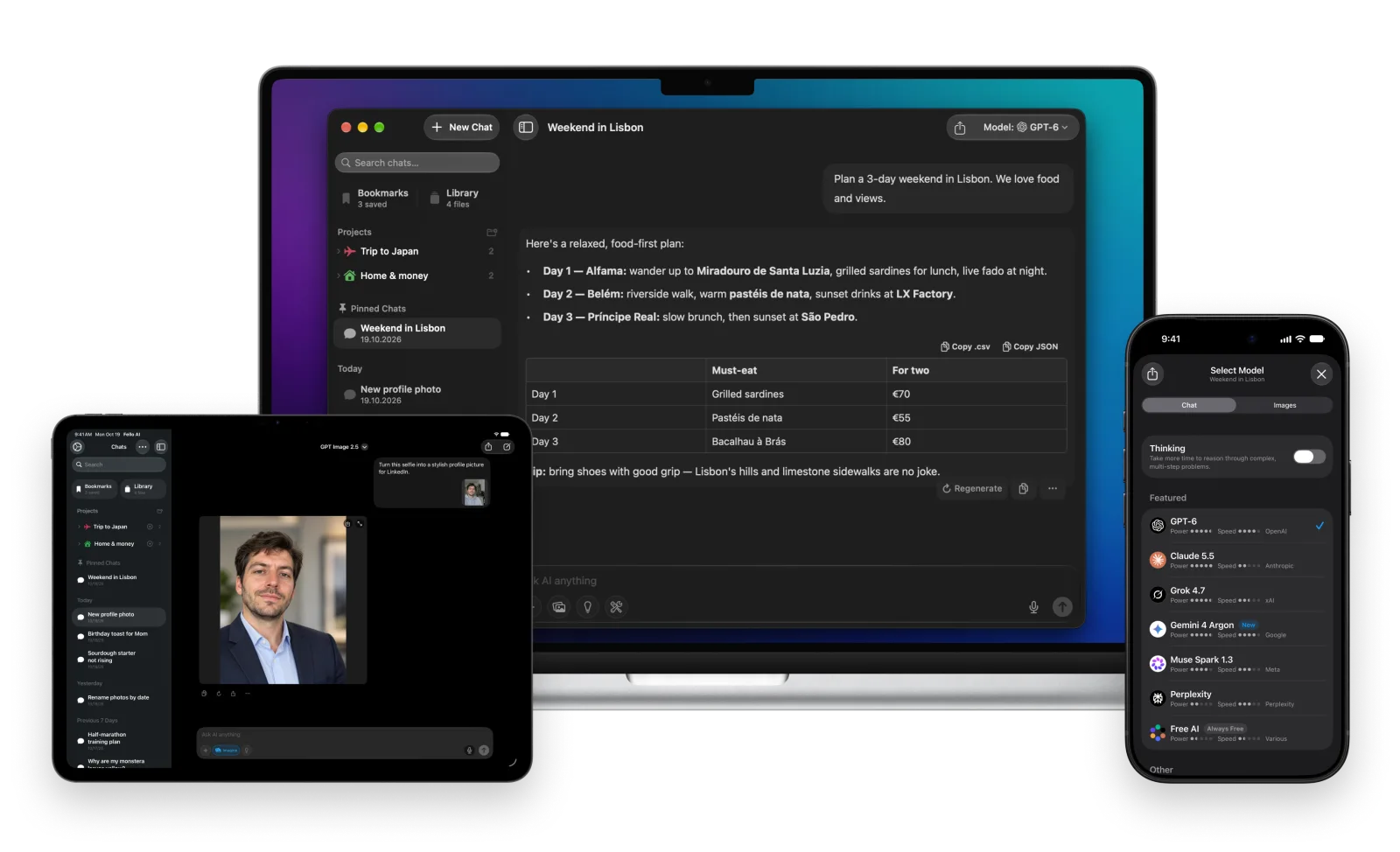 Fello AI on Mac, iPad and iPhone, dark mode
