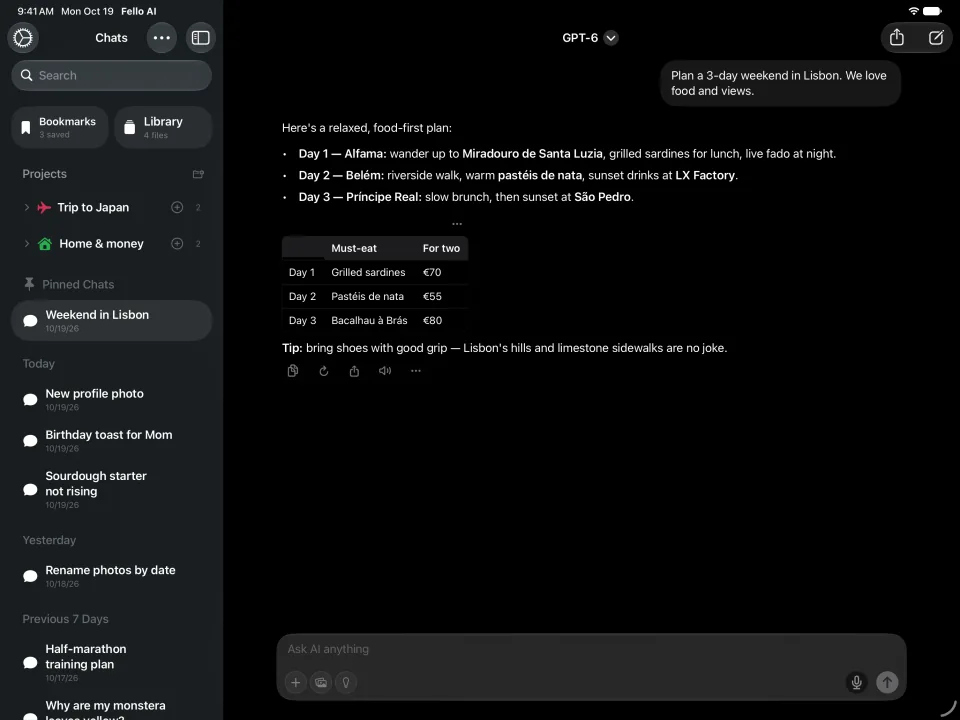 Fello AI on iPad: Chat, dark mode