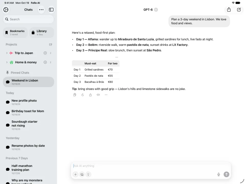 Fello AI on iPad: Chat, light mode