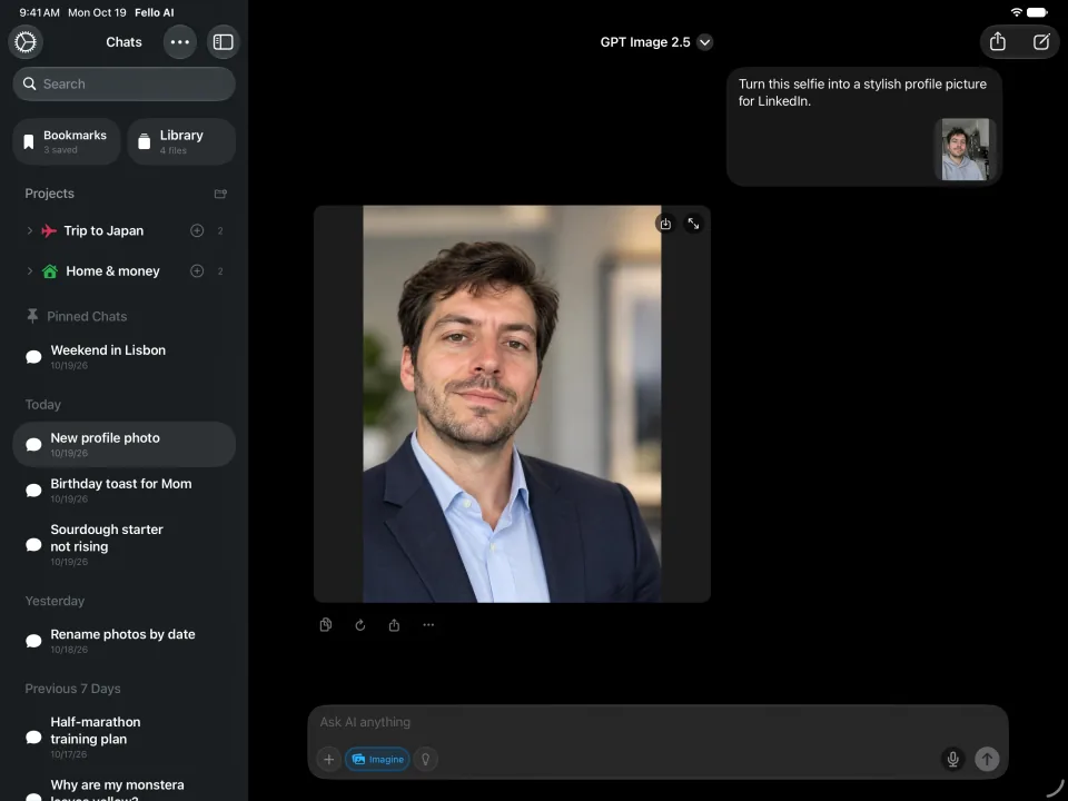 Fello AI on iPad: Image generation, dark mode
