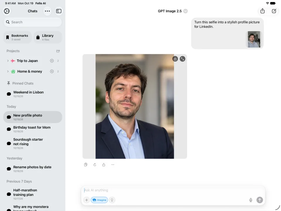 Fello AI on iPad: Image generation, light mode