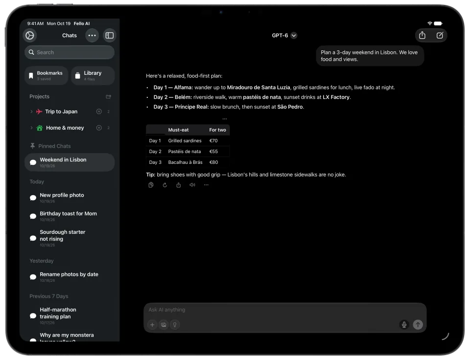 Fello AI on iPad: Chat, dark mode