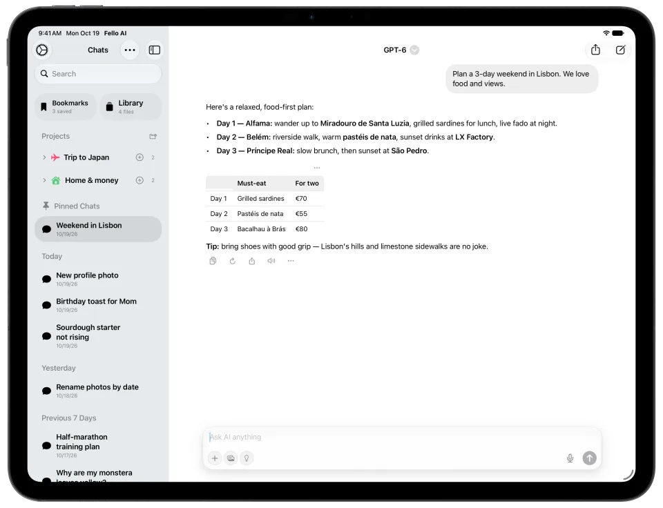 Fello AI on iPad: Chat, light mode