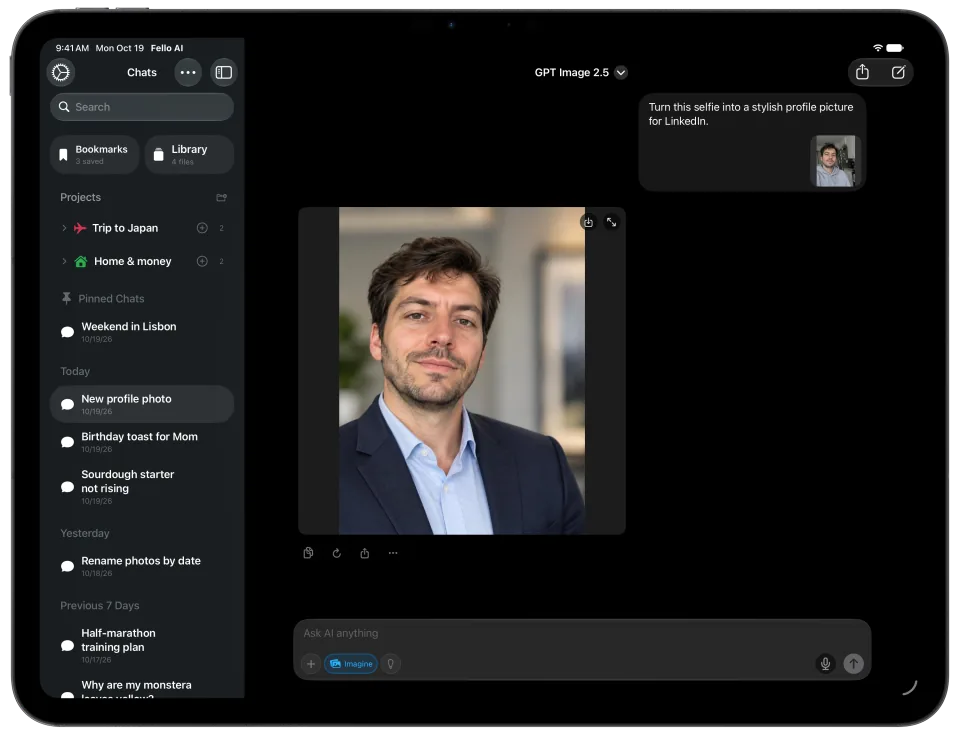 Fello AI on iPad: Image generation, dark mode