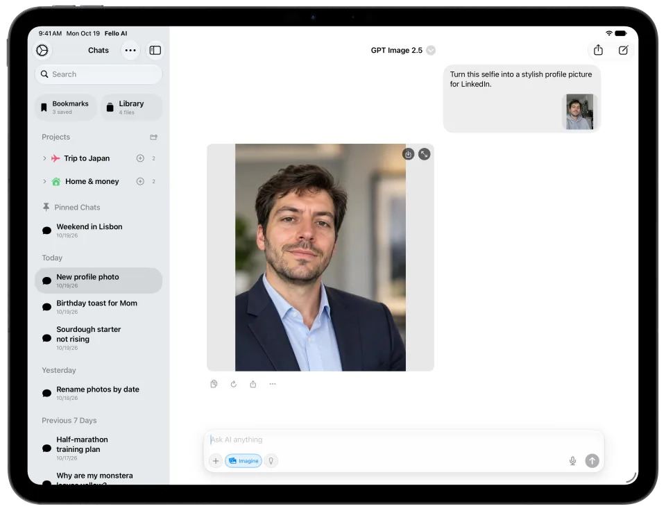 Fello AI on iPad: Image generation, light mode