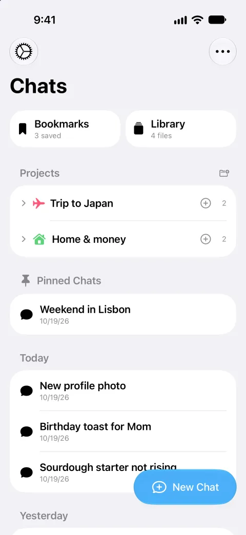 Fello AI on iPhone: Chats and projects, light mode