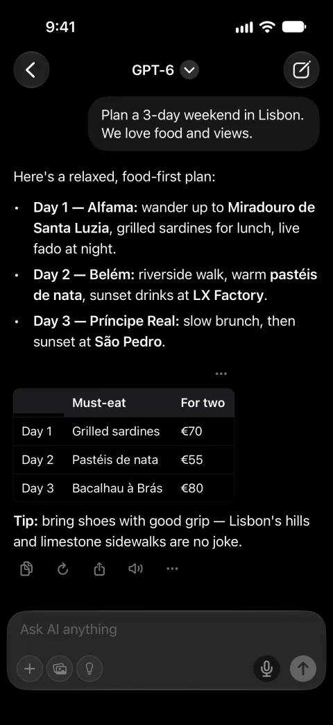 Fello AI on iPhone: Chat, dark mode