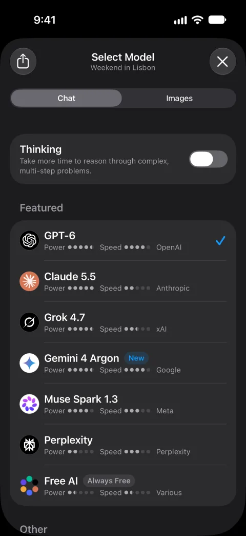 Fello AI on iPhone: Model picker, dark mode