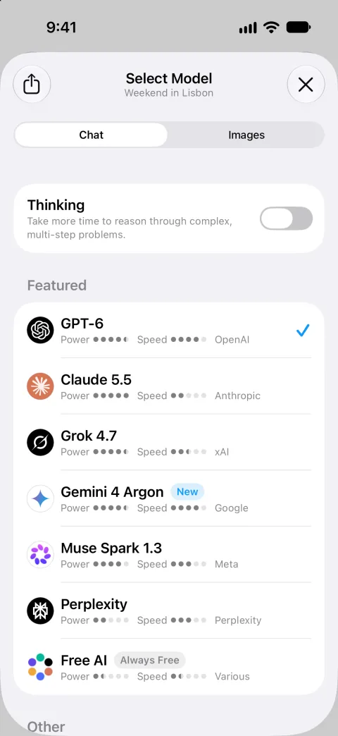 Fello AI on iPhone: Model picker, light mode