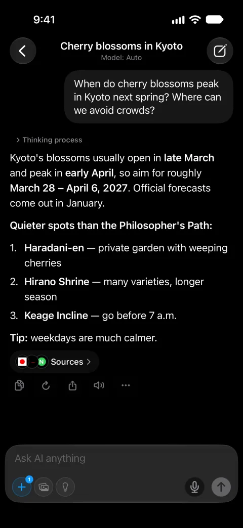 Fello AI on iPhone: Web search, dark mode