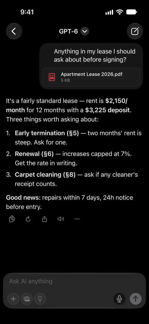 Fello AI on iPhone: Chat with a PDF, dark mode