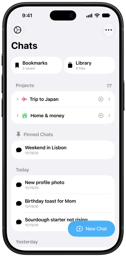 Fello AI on iPhone: Chats and projects, light mode