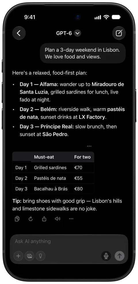 Fello AI on iPhone: Chat, dark mode