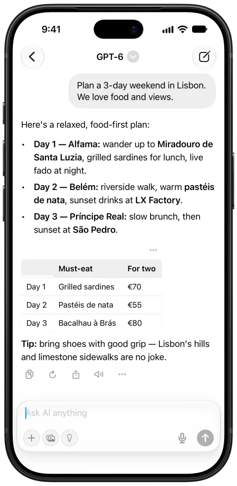 Fello AI on iPhone: Chat, light mode