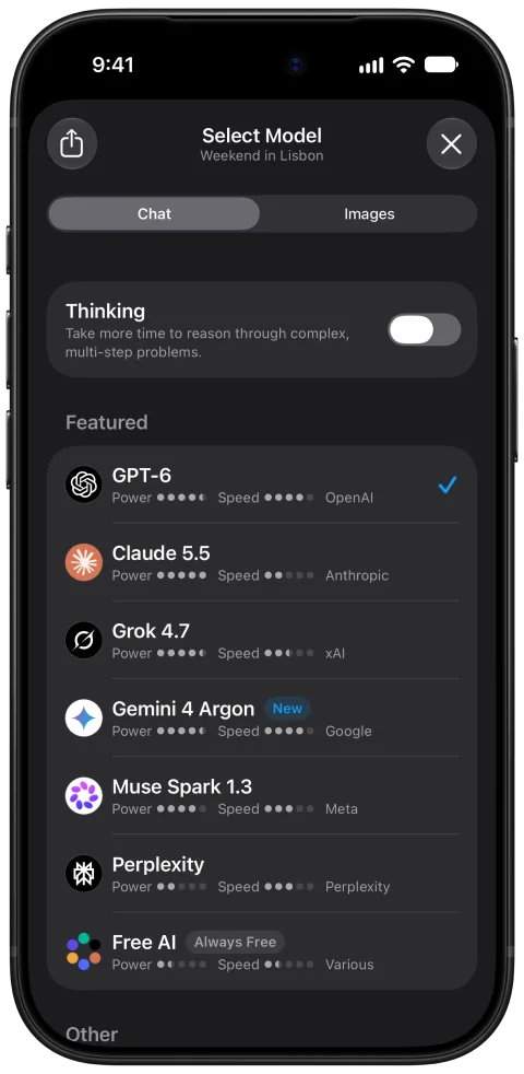 Fello AI on iPhone: Model picker, dark mode
