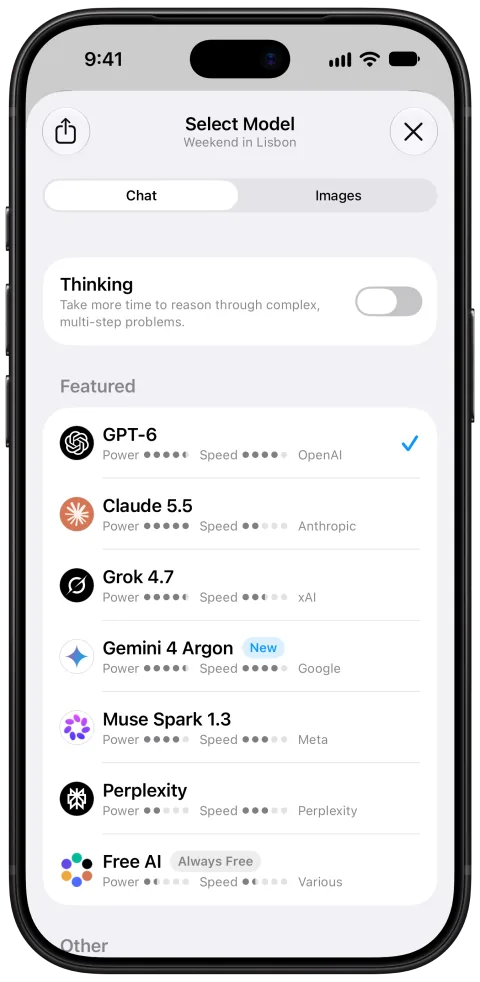 Fello AI on iPhone: Model picker, light mode