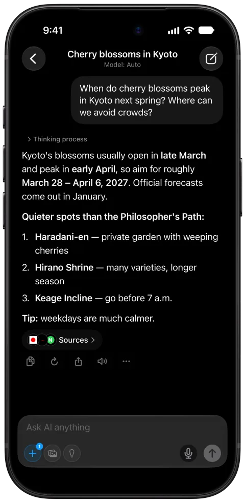 Fello AI on iPhone: Web search, dark mode
