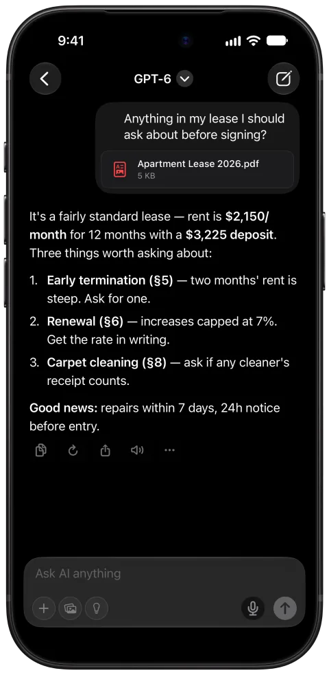 Fello AI on iPhone: Chat with a PDF, dark mode