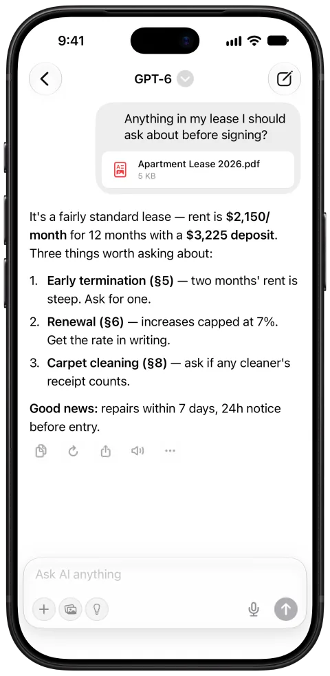 Fello AI on iPhone: Chat with a PDF, light mode