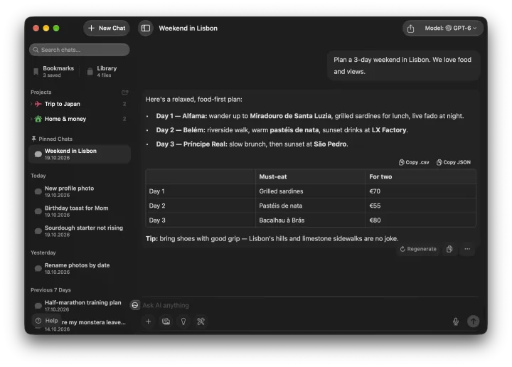 Fello AI on Mac: Main chat window, dark mode