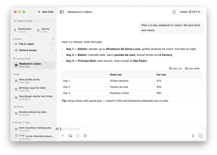 Fello AI on Mac: Main chat window, light mode