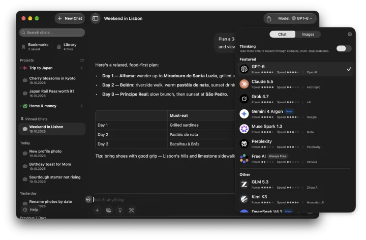 Fello AI on Mac: Model picker, dark mode