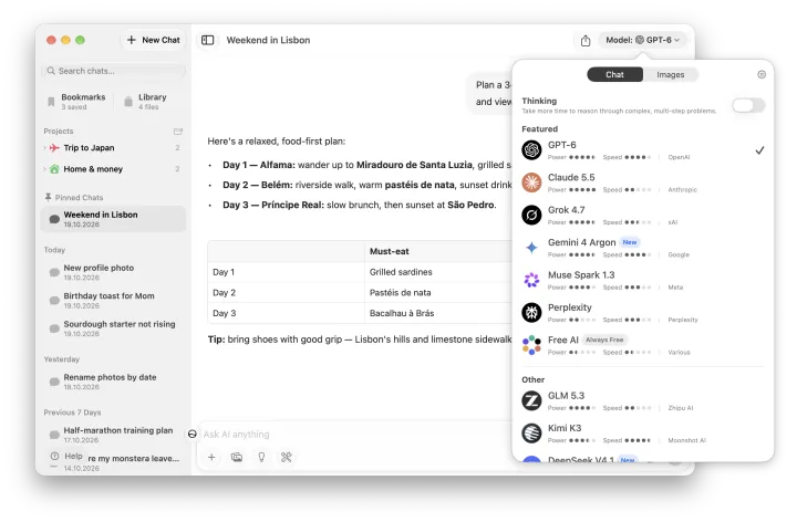 Fello AI on Mac: Model picker, light mode