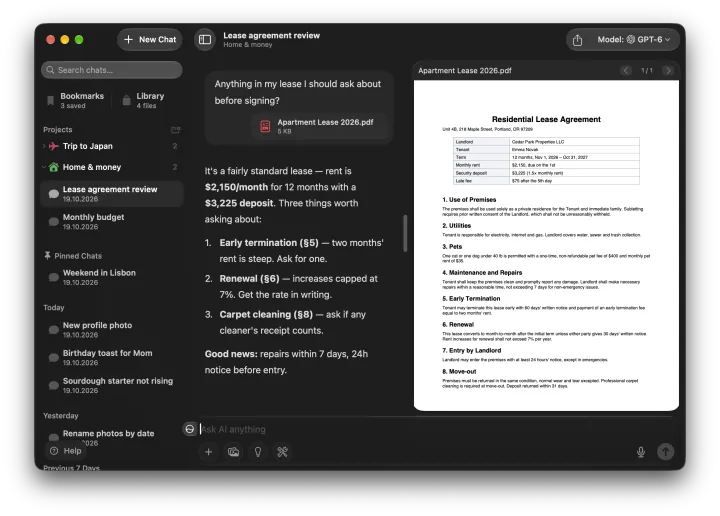 Fello AI on Mac: Chat with a PDF, dark mode