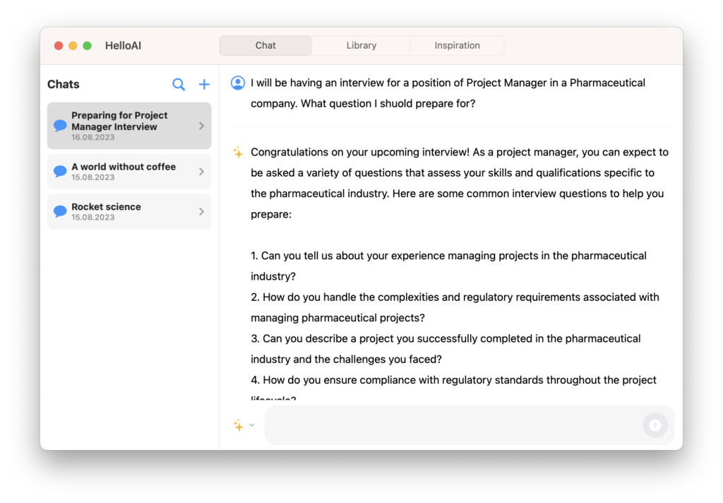 An example of discussion with HelloAI chatbot showing how it can be utilized for the purpose of preparation for a job interview.