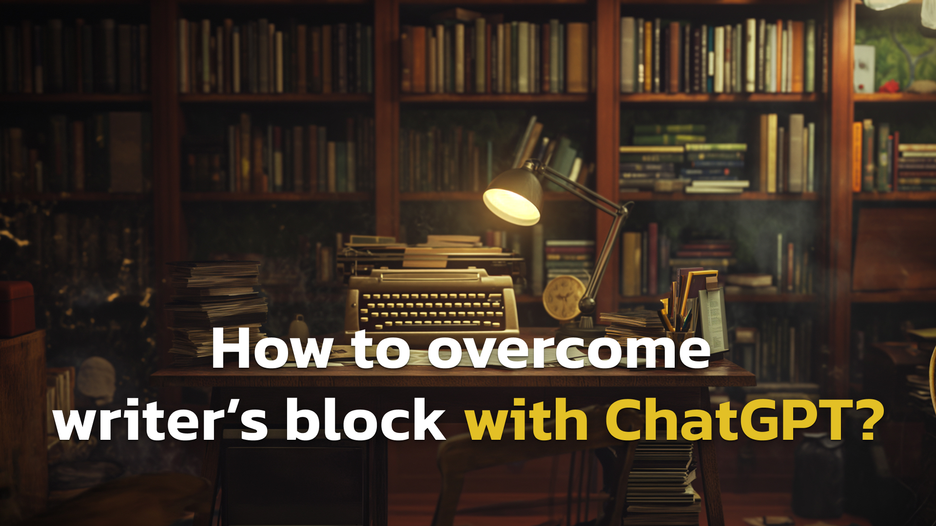 A dimly lit, vintage writer's study featuring a typewriter on a wooden desk, illuminated by a warm lamp, with floor-to-ceiling bookshelves in the background.