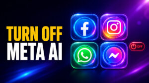 Thumbnail for “How to Turn Off Meta AI” featuring bold yellow and white text on the left and glowing app-style icons for Facebook, Instagram, WhatsApp, and Messenger on the right. A red “off” power toggle reinforces that the guide shows how to hide, mute, or reduce Meta AI across Meta’s apps.