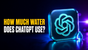 Thumbnail for “How Much Water Does ChatGPT Use?” showing a glowing ChatGPT logo beside a small water droplet on a dark blue and purple neon background, with bold amber and white headline text reading “How Much Water Does ChatGPT Use?”