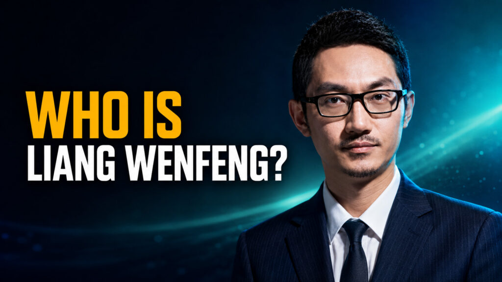 Fello AI thumbnail with the headline “WHO IS LIANG WENFENG?” in bold amber and white text beside a stylized portrait of DeepSeek founder Liang Wenfeng on a dark teal cinematic AI background.