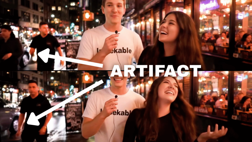 Side-by-side AI-generated video frames showing a street interview scene, with arrows pointing to visual artifacts—specifically a man's distorted leg—highlighting imperfections in the background rendering.