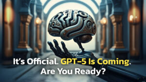 A futuristic robotic hand holds a stylized, metallic brain with intricate circuit-like patterns. The background features a grand hall with tall arches and warm glowing lights. Overlaid text reads: "It’s Official. GPT-5 Is Coming. You Ready?" — with "GPT-5 Is Coming" highlighted in yellow for emphasis.