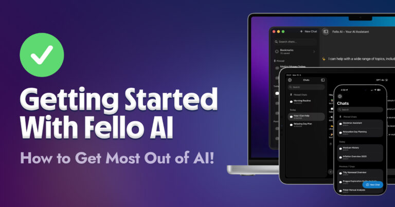 Getting Started with Fello AI tutorial banner showing the app interface on MacBook, iPad, and iPhone with a checkmark icon and gradient background.
