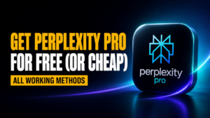 Thumbnail for “How to Claim Perplexity Pro for Free or Cheap” showing a large glowing Perplexity Pro logo on a dark navy and teal neon background with bold amber and white text reading “Get Perplexity Pro for Free (or Cheap)” and a smaller “All Working Methods” badge.
