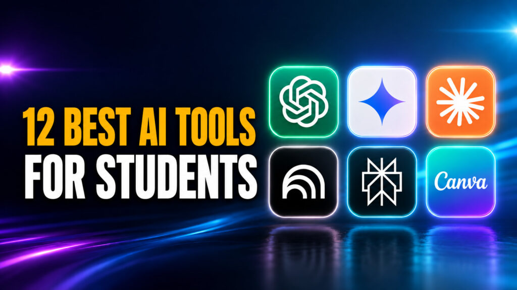 Wide Fello AI thumbnail with the headline “12 BEST AI TOOLS FOR STUDENTS” beside a glowing grid of six AI app icons, including ChatGPT, Gemini, Claude and Canva, on a cinematic blue and purple neon background.