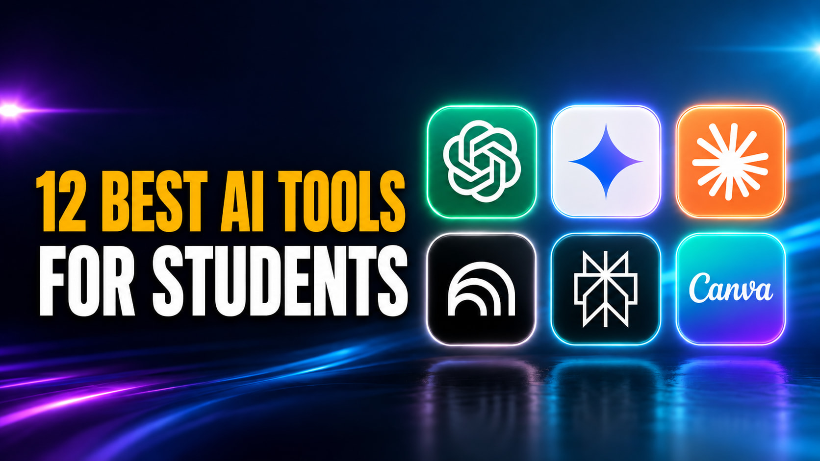 Wide Fello AI thumbnail with the headline “12 BEST AI TOOLS FOR STUDENTS” beside a glowing grid of six AI app icons, including ChatGPT, Gemini, Claude and Canva, on a cinematic blue and purple neon background.