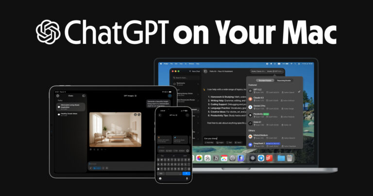 ChatGPT on Mac using the Fello AI desktop app, showing AI chat interface across MacBook, iPhone, and iPad with multi-model support and file analysis features.