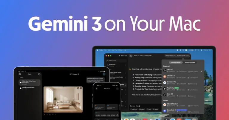 Gemini 3 on Mac using Fello AI desktop app, showing Gemini 3 Pro chat interface alongside iPhone and iPad support in a unified macOS AI client.