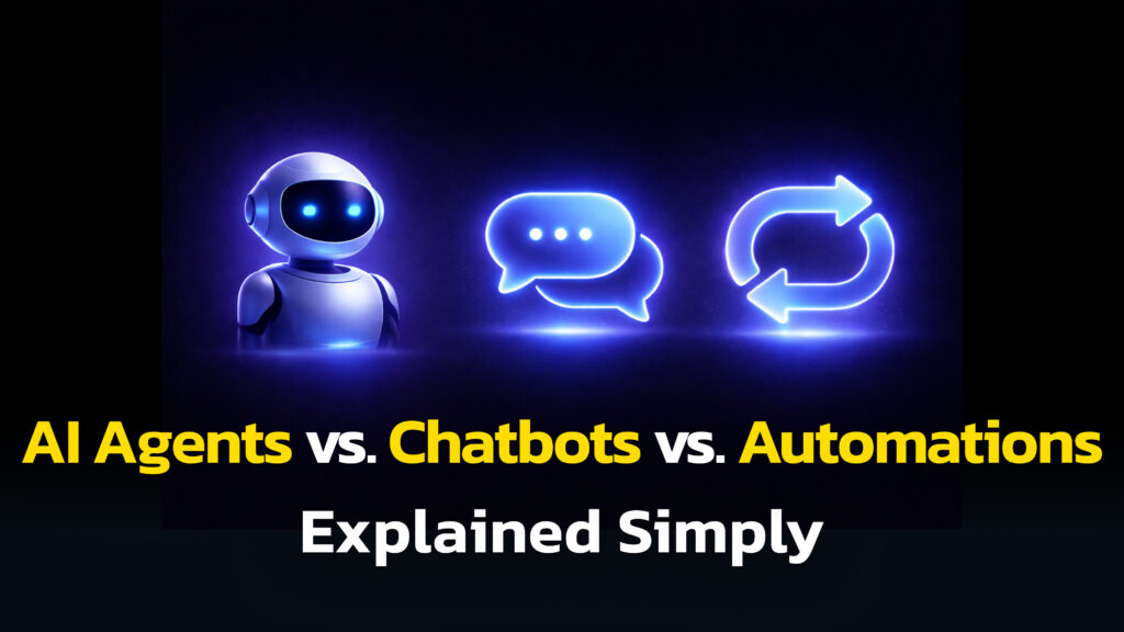 Dark blue thumbnail with glowing neon icons: a robot on the left, a chat bubble in the center, and circular automation arrows on the right. Bold yellow and white text reads “AI Agents vs. Chatbots vs. Automations Explained Simply.”