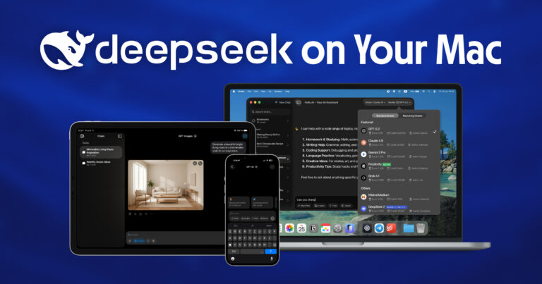 Deepseek AI on Mac using the Fello AI app, shown across macOS, iPad, and iPhone with AI chat, image generation, and multi-model support on an orange background.