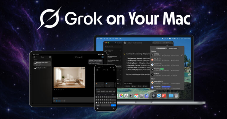 Promotional banner with a dark galaxy space background featuring stars and a glowing nebula, headline “Grok on Your Mac” at the top, and mockups of a MacBook, iPad, and iPhone displaying the Fello AI app interface with model selection options including Grok, GPT, Claude, and Gemini.