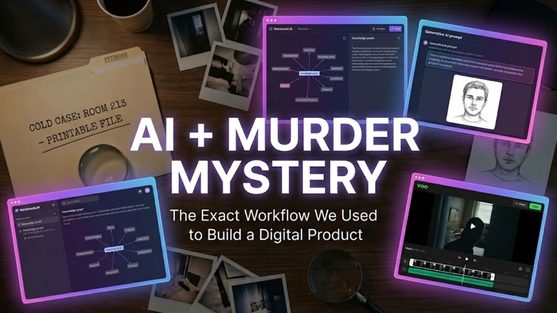 AI + Murder Mystery: desk scene with a ‘Cold Case: Room 213’ printable case file folder, scattered photos, and AI tool windows, showing the workflow used to build a digital product.