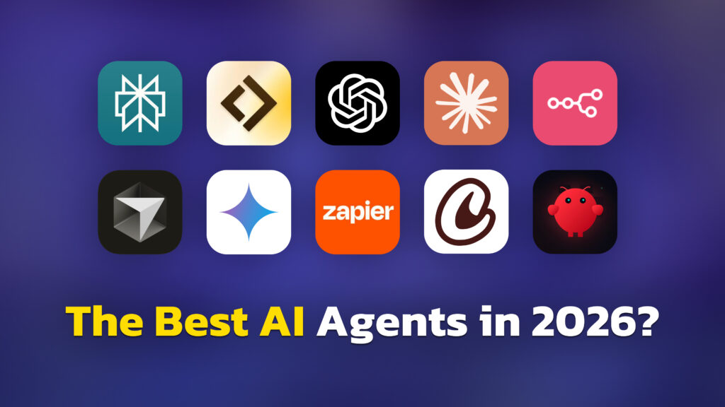 A purple gradient background featuring a grid of ten rounded app-style icons representing different AI tools and platforms. Below the icons, large bold text reads “The Best AI Agents in 2026?” with “The Best AI” in yellow and “Agents in 2026?” in white.