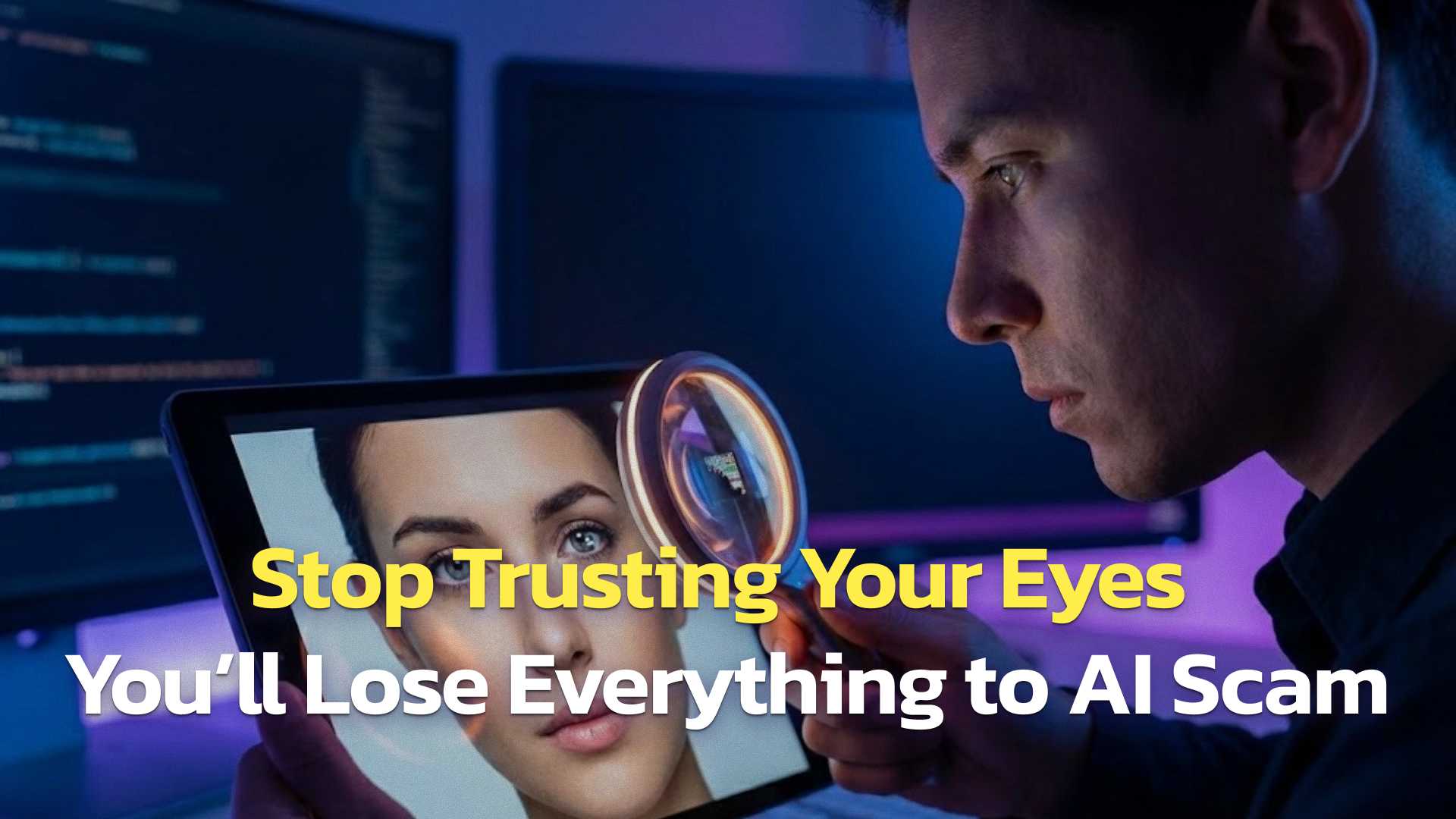 A person in a dark, tech-oriented setting uses a magnifying glass to minutely inspect a high-resolution image of a woman's face on a tablet. The magnifying glass reveals subtle digital artifacts in the subject's eye, suggesting AI manipulation. Overlaying text in bold yellow and white reads, "Stop Trusting Your Eyes / You’ll Lose Everything to AI Scam."