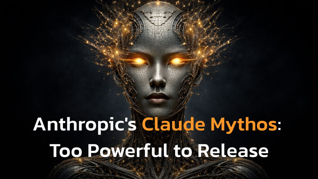 Futuristic humanoid AI face with glowing golden eyes and intricate biomechanical circuitry, centered on a dark background, with the text “Anthropic’s Claude Mythos: Too Powerful to Release.”