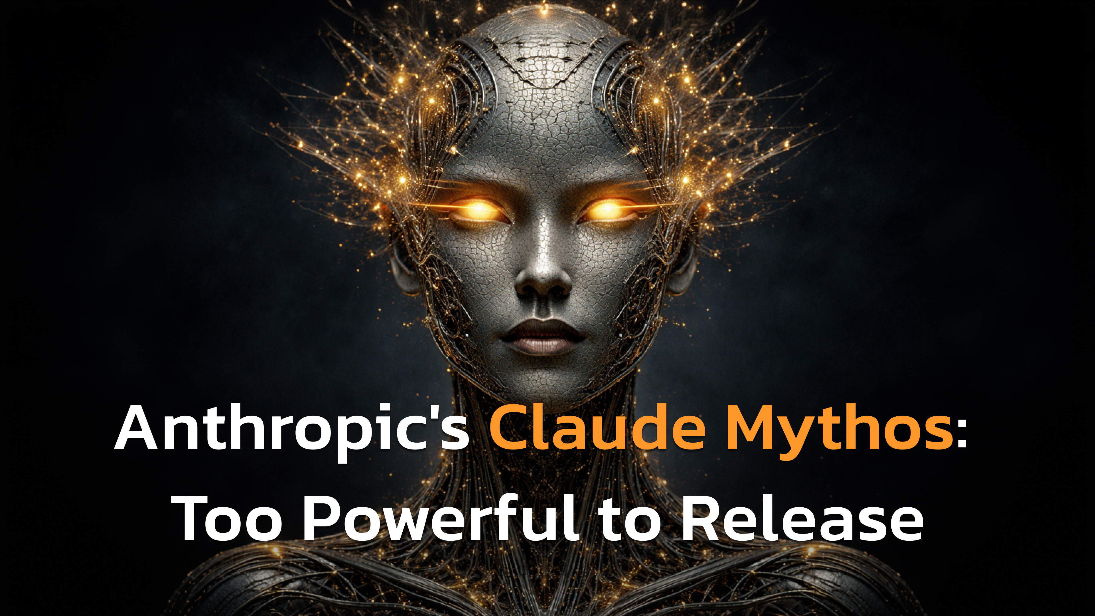 Futuristic humanoid AI face with glowing golden eyes and intricate biomechanical circuitry, centered on a dark background, with the text “Anthropic’s Claude Mythos: Too Powerful to Release.”